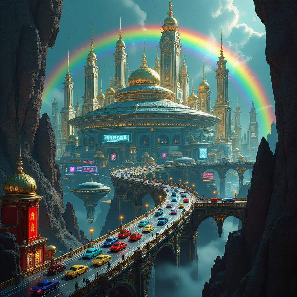 Sci-Fi Underworld City With Jade Rainbow Lights