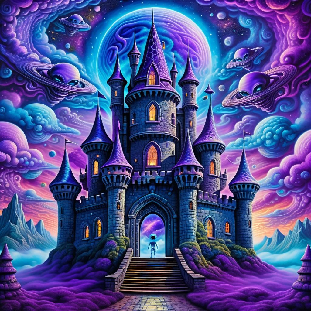 Alien at Mystical Castle in Cosmic Surrealism