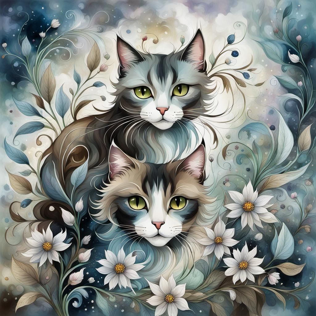 Sparkling-Eyed Cats in Misty Wildflower Meadow