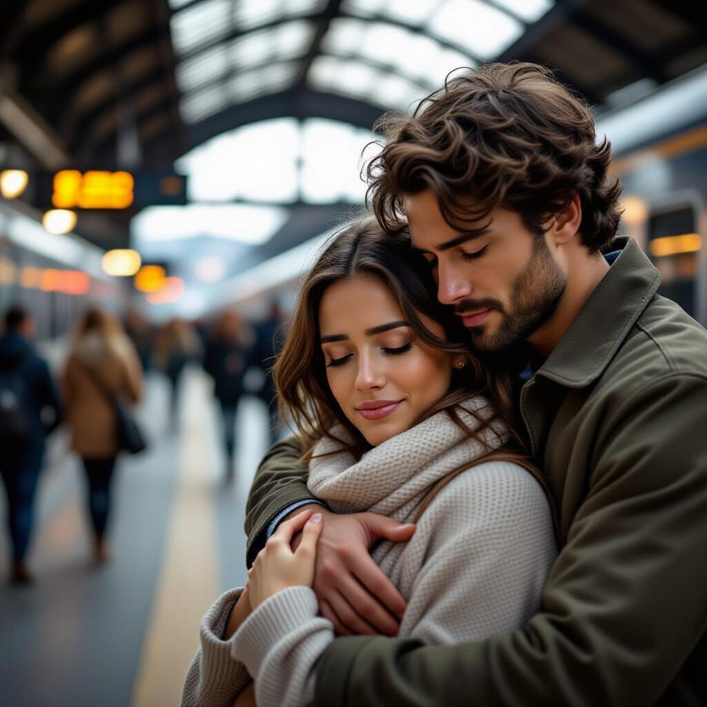 Couple's Tender Last Embrace at Bustling Station