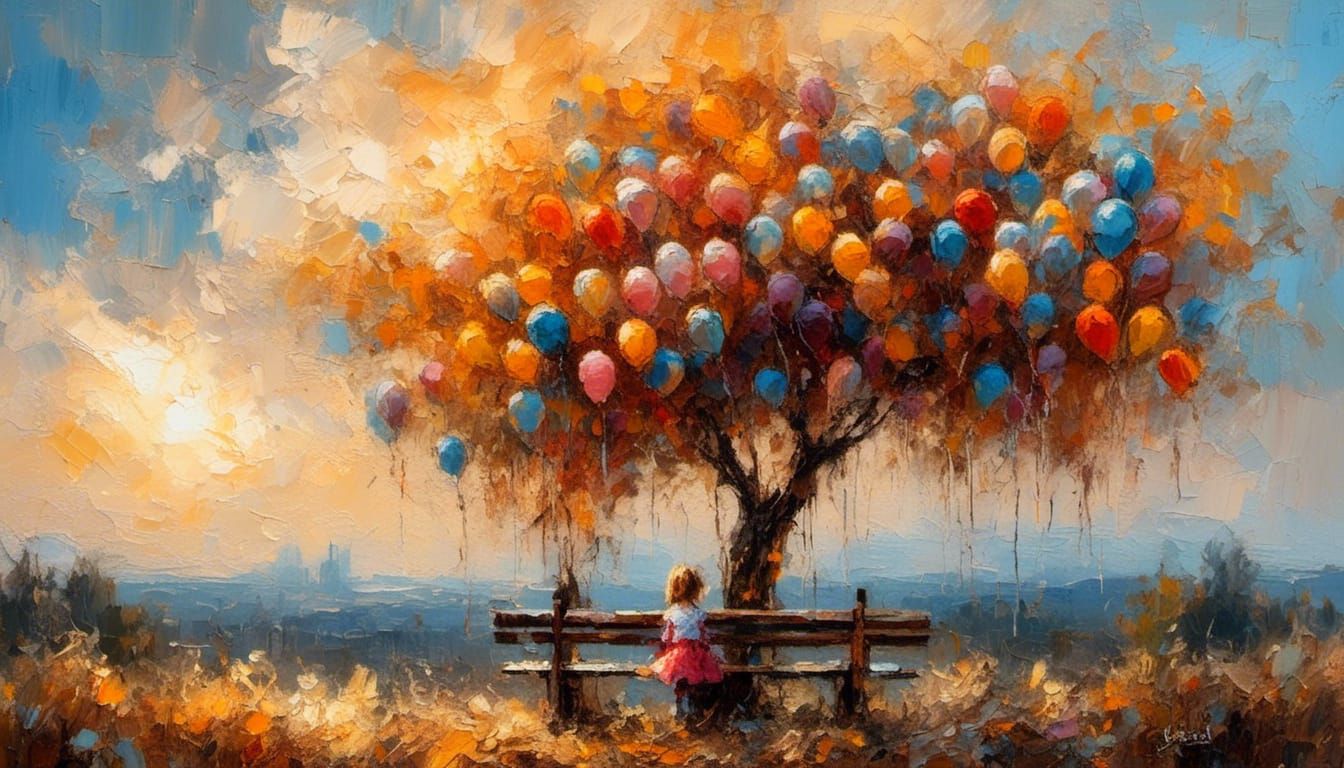 Impressionist Girl With Balloons in Golden Light