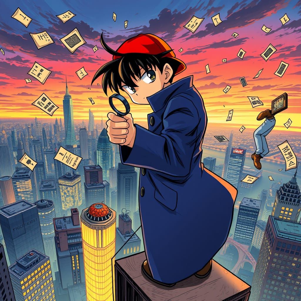 Detective Conan in Intense Focus, Cityscape at Dusk