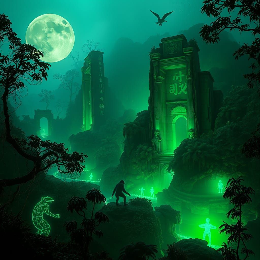 Ethereal Ruins in a Misty, Emerald Valley
