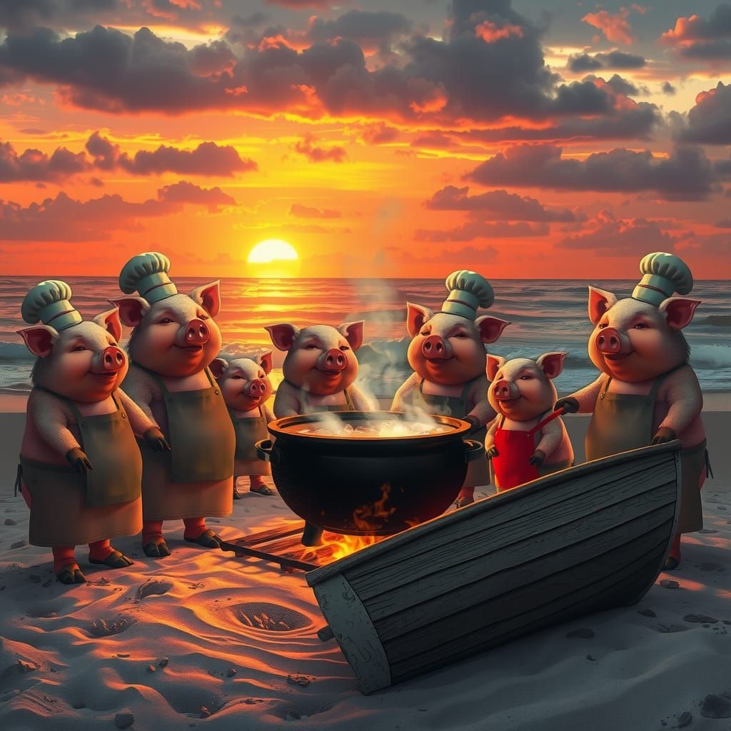 Pigs cooking a human being in a pot over a fire pit by the beach at sunset. By artist "anime", 3d anime art, inspired by...