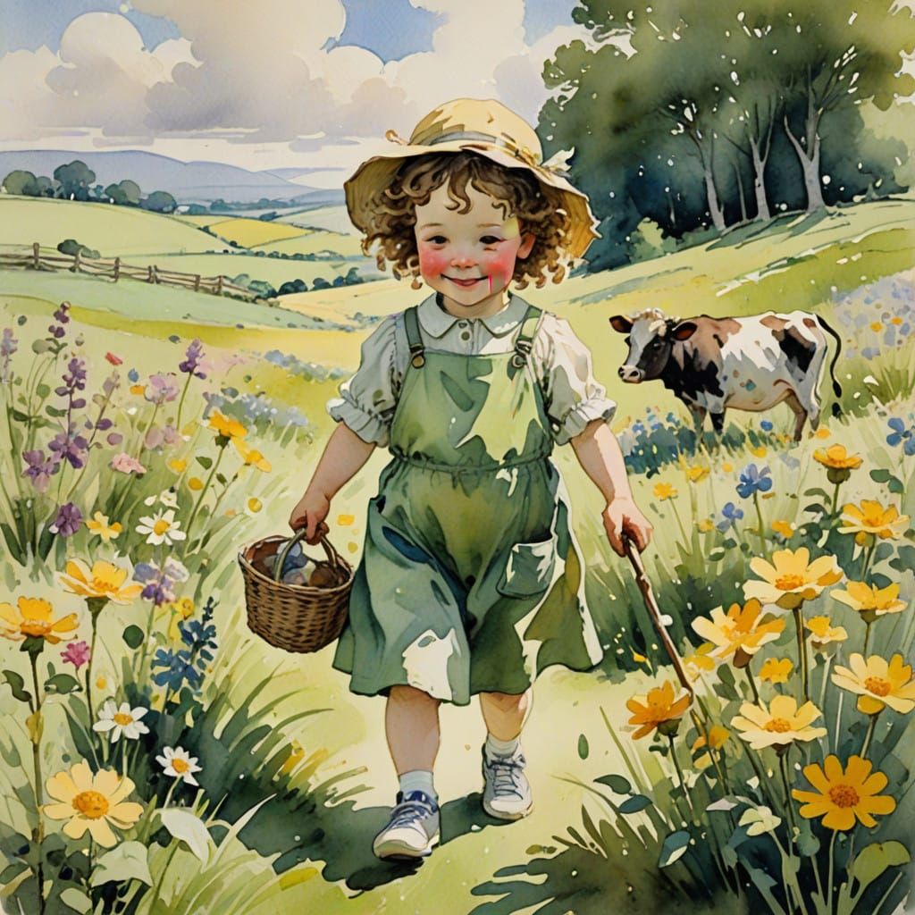 Whimsical Toddler Plays with Cow in Sunny Meadow