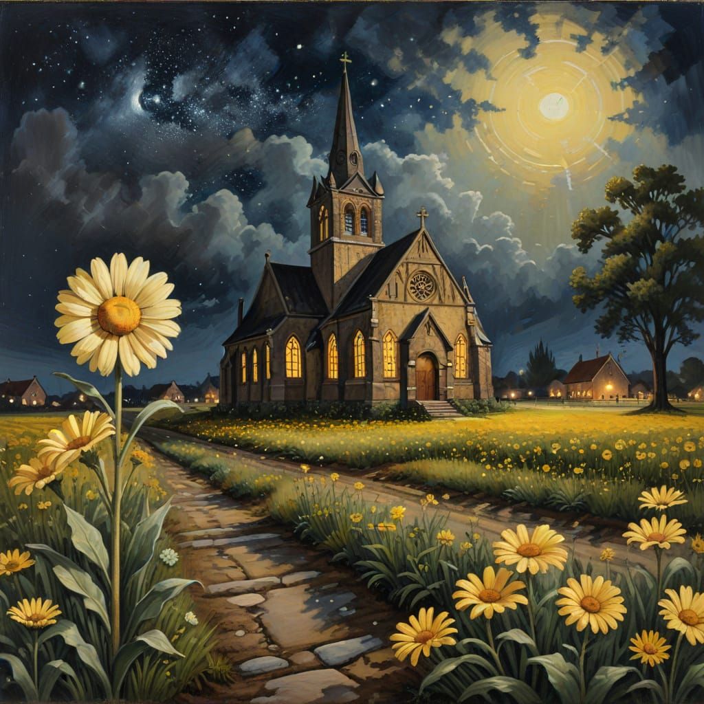 Tudor Nighttime Scene with Daisies and Church Steeple