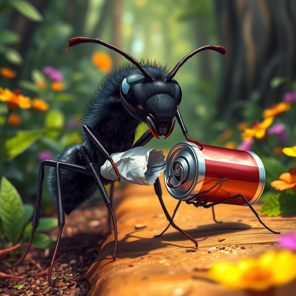 Ants Carrying Litter in Hyper-Realistic Illustration