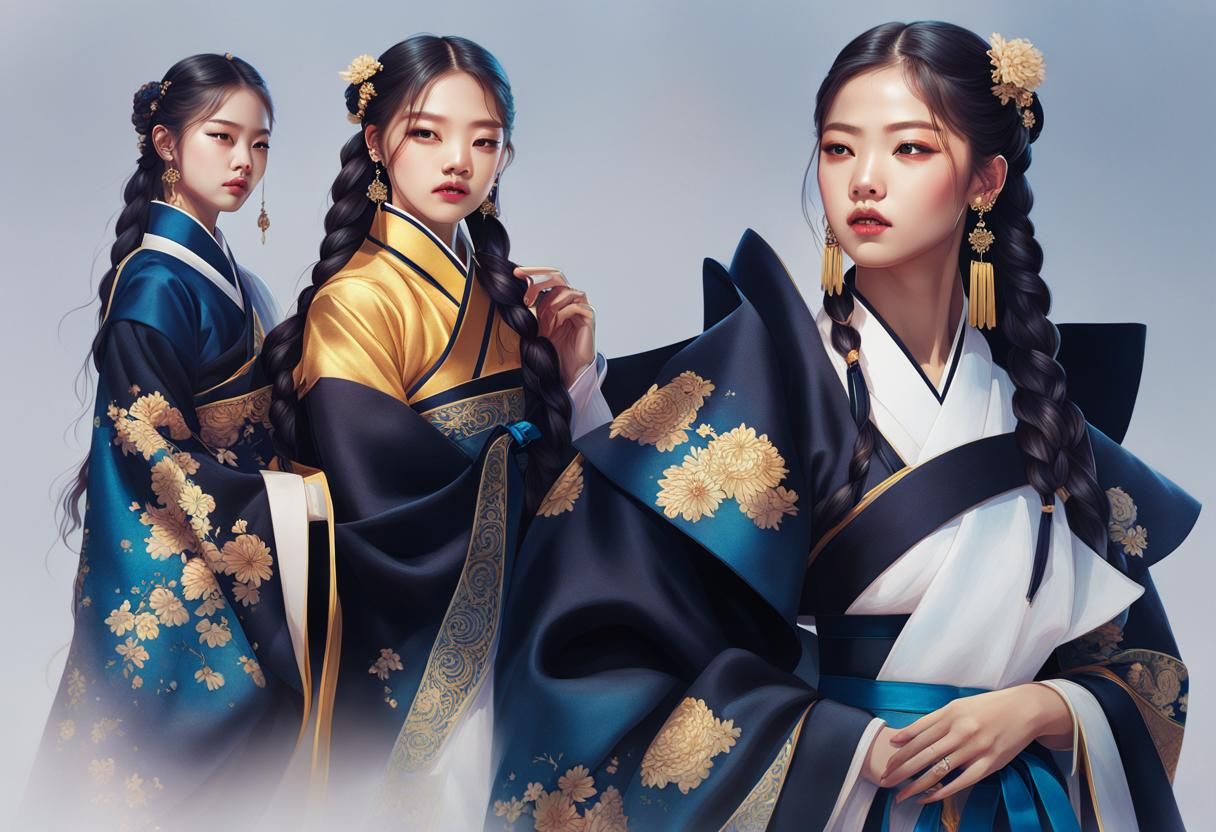 Korean Beauty in Hanbok, Art Deco Portrait