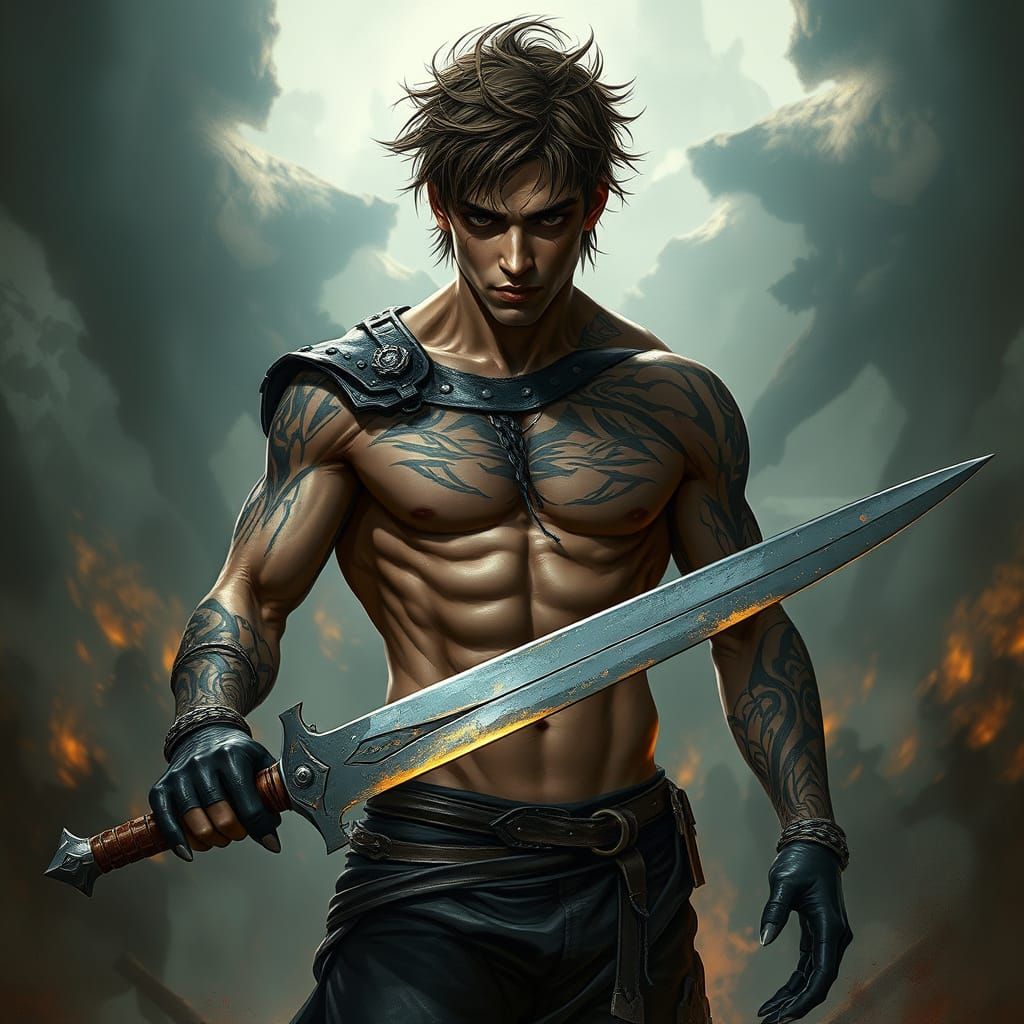 Warrior with Tattoos on Mystical Battlefield