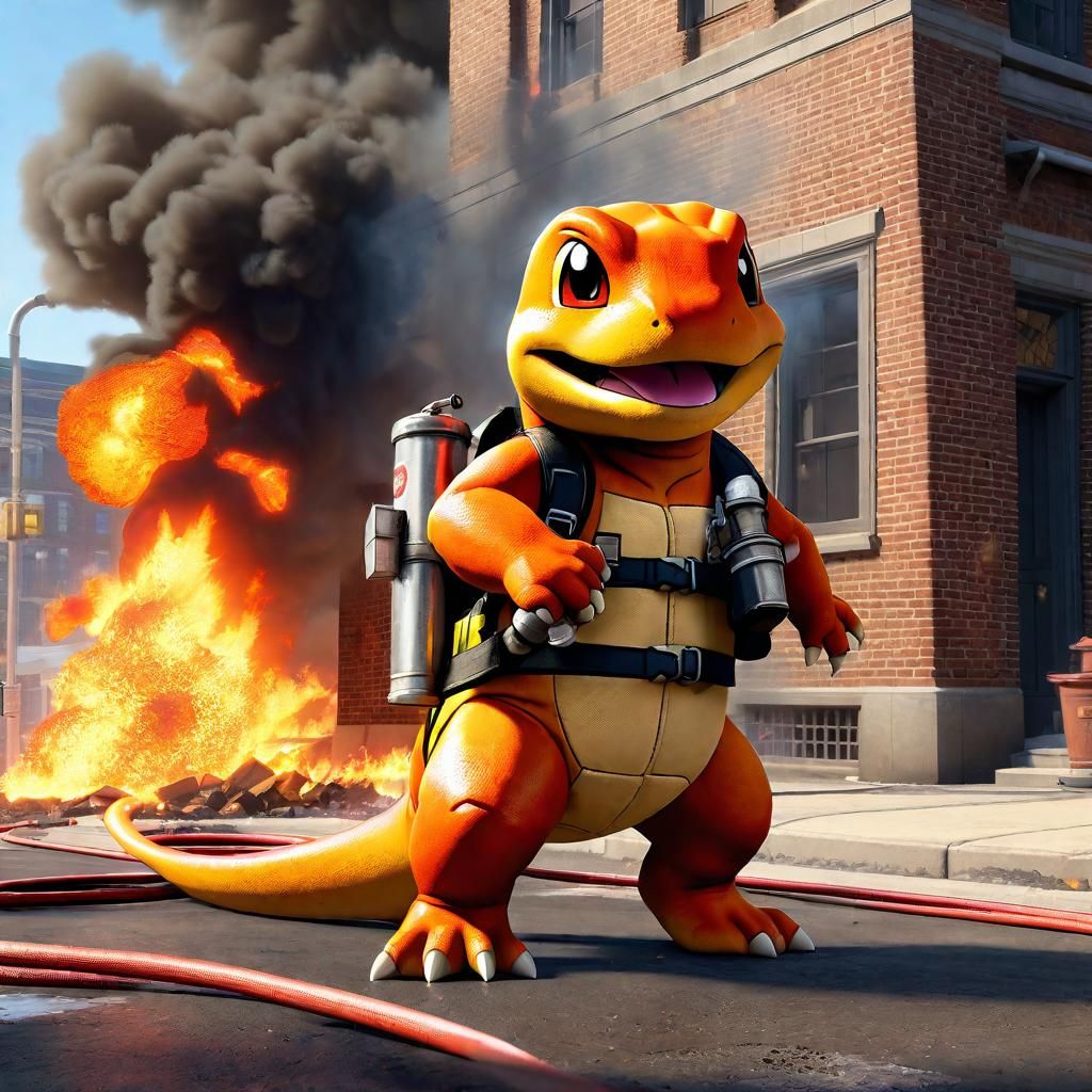 Hyper-Realistic Charmander Firefighter Extinguishes Building...