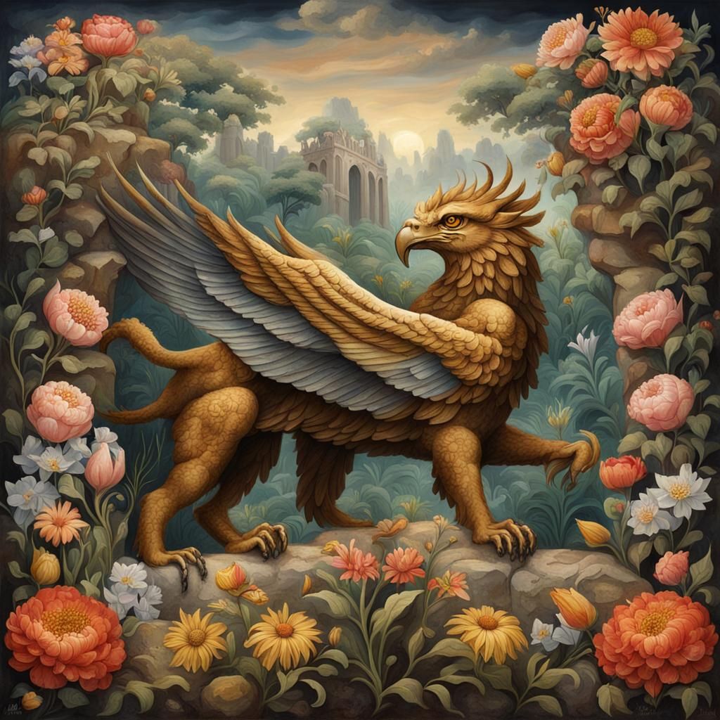 Dark Fantasy Griffin Wall Fresco in Garden
