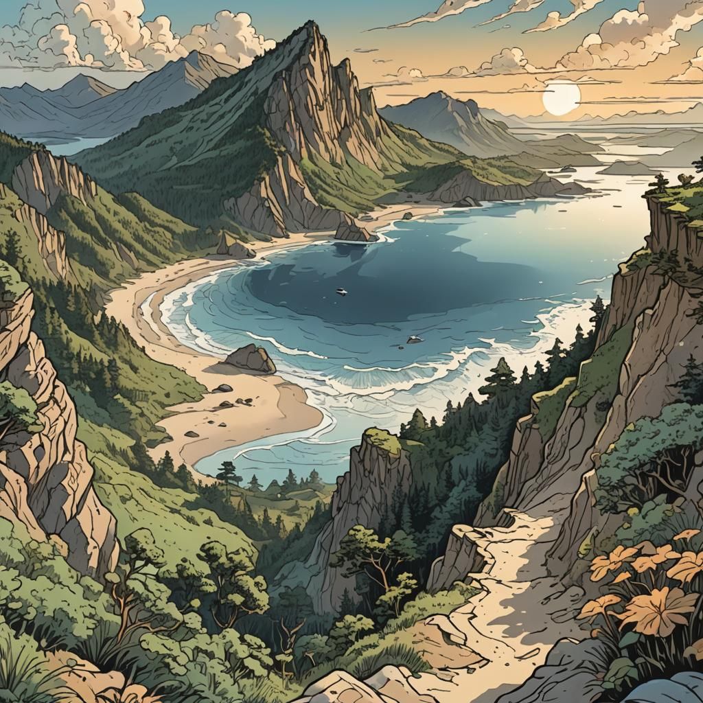 Cliffside View with Mountains in Retro Style