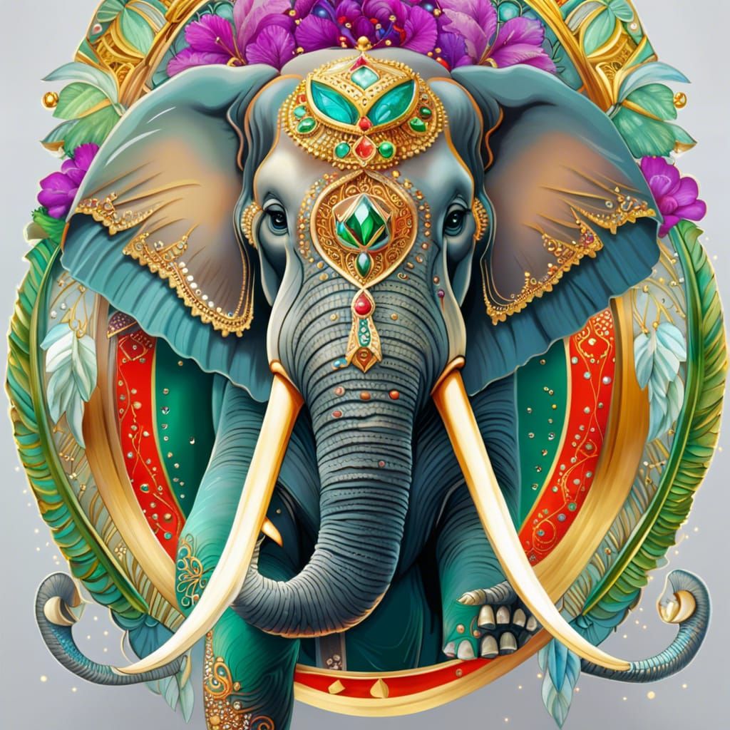 Elephant with Jeweled Trunk in Detailed Digital Art