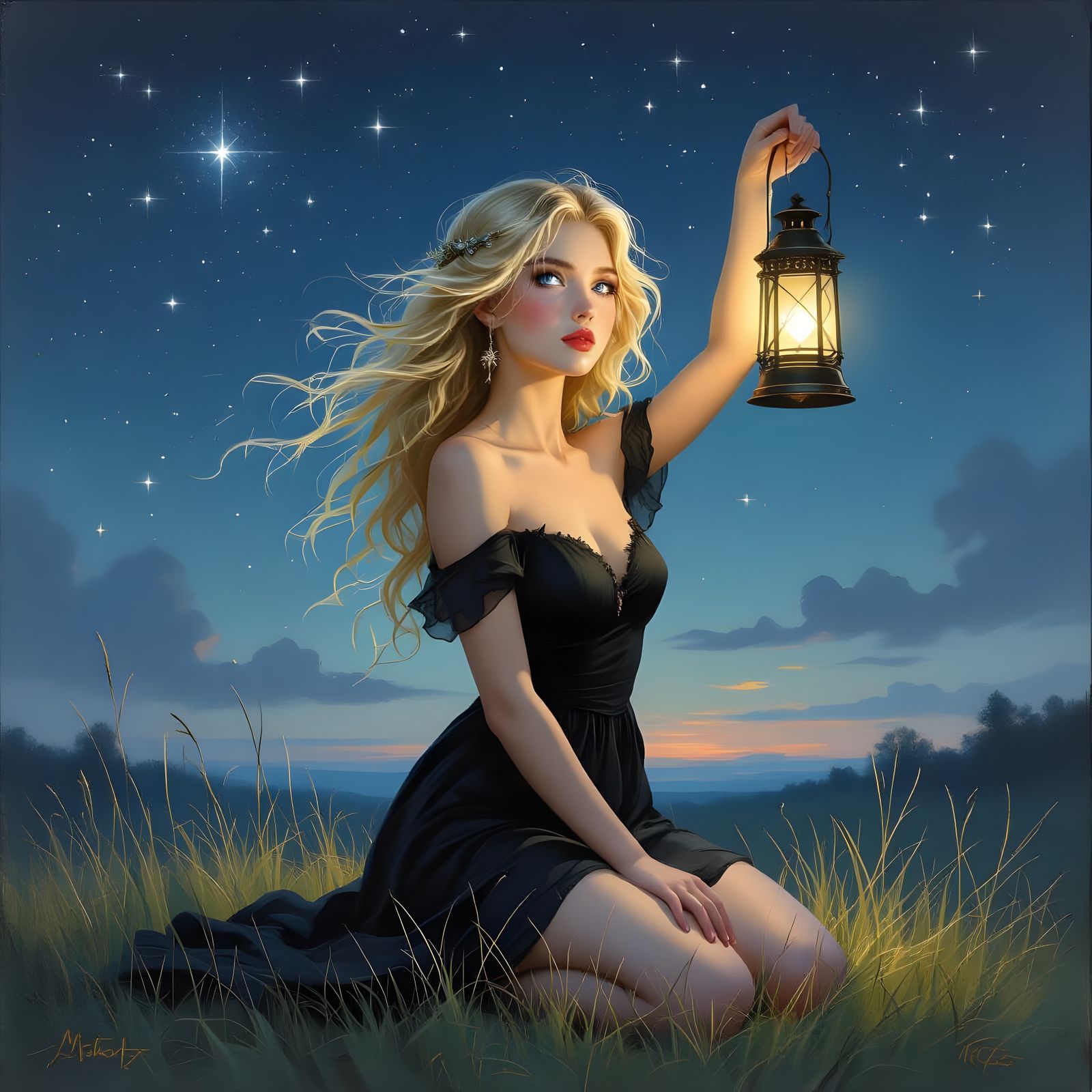 Norse Goddess Holding Lantern on Starry Night