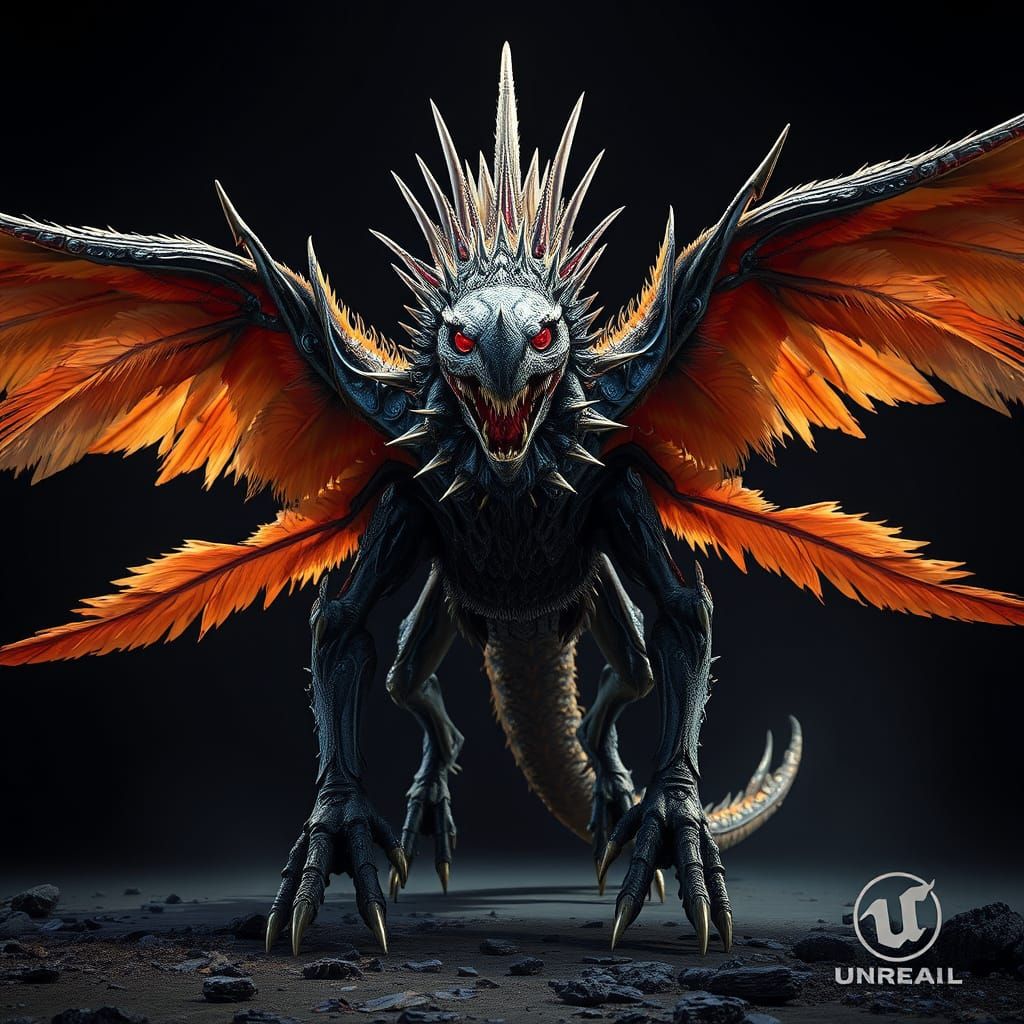 Fantastical Creature with Spiky Body and Feathered Wings