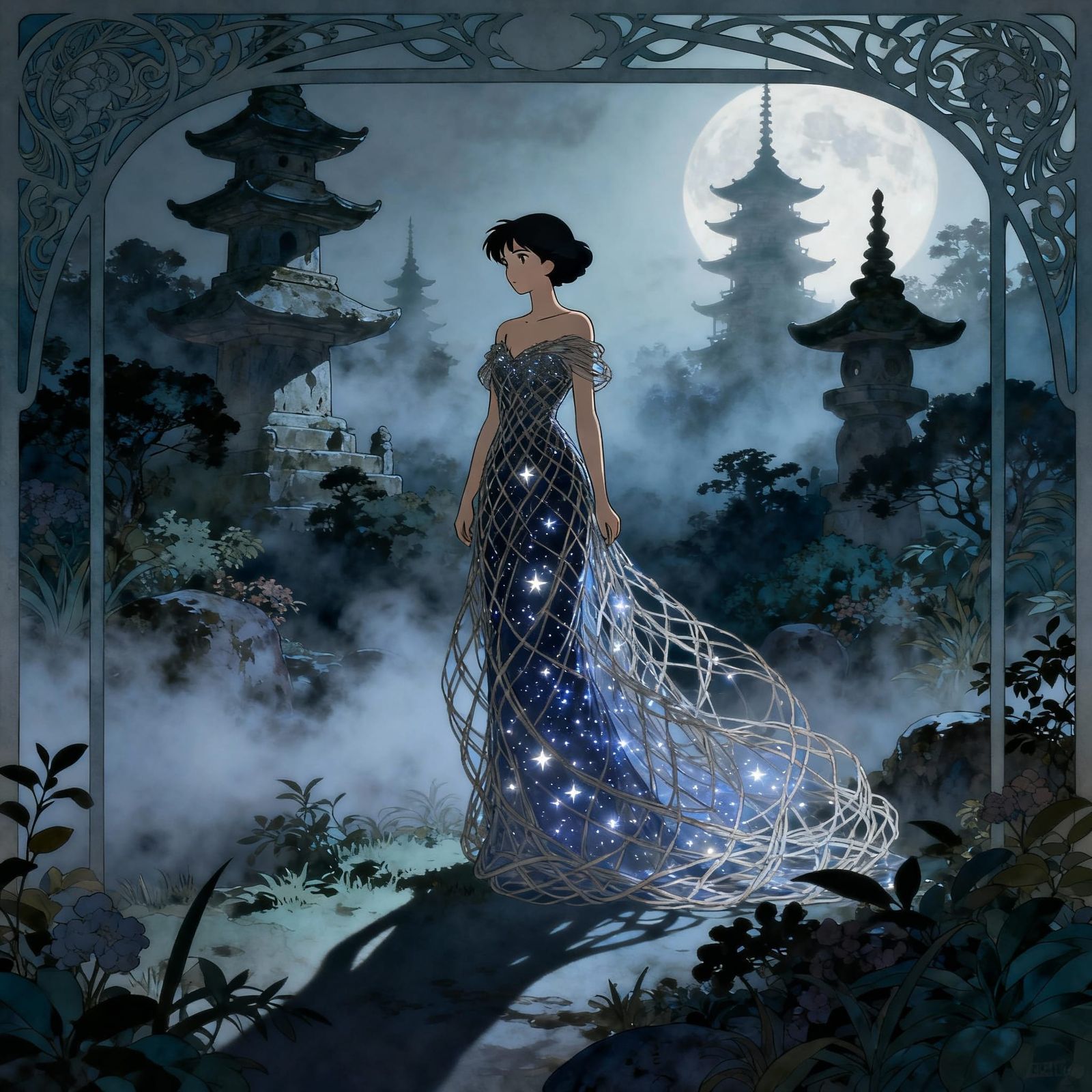 Moonlight Gown Figure in Mist Garden