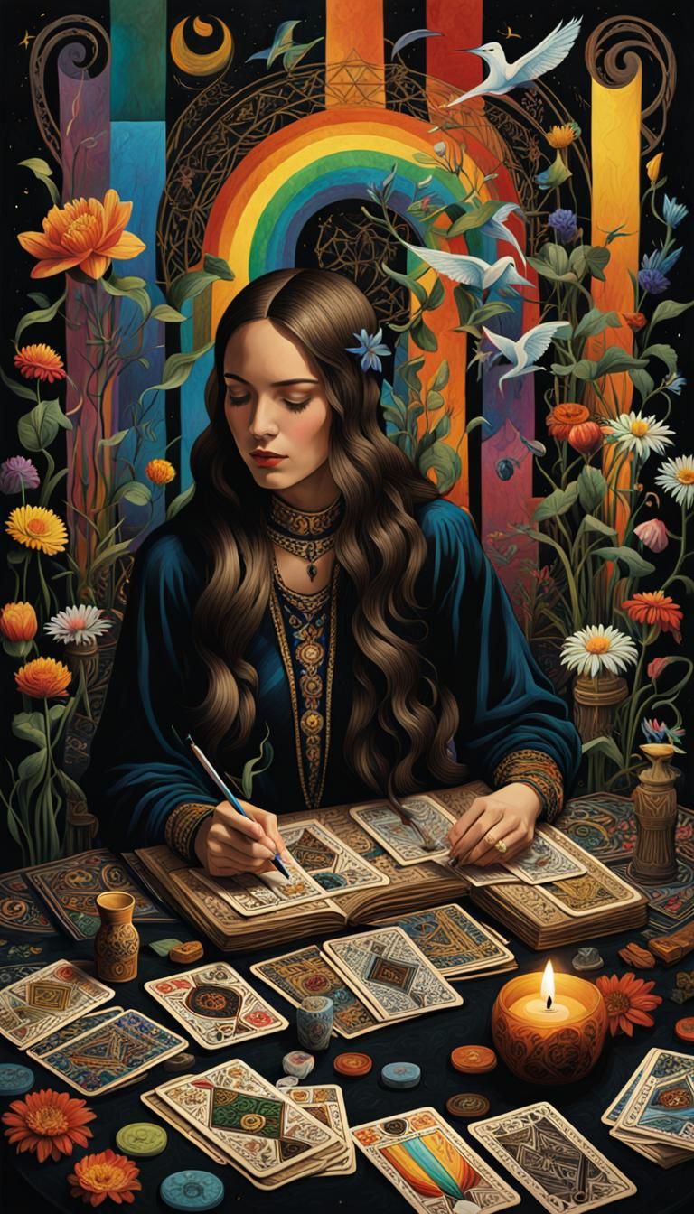 Cubist Calligraphy Woman Surrounded by Tarot Cards