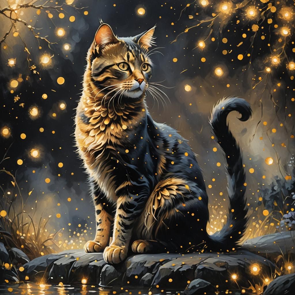 Golden Dot Cat: Impressionistic Fantasy Art