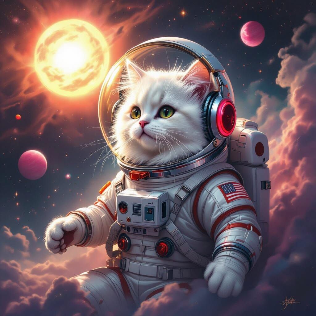 White Cat Astronaut Floating Among Pink Planets in Space