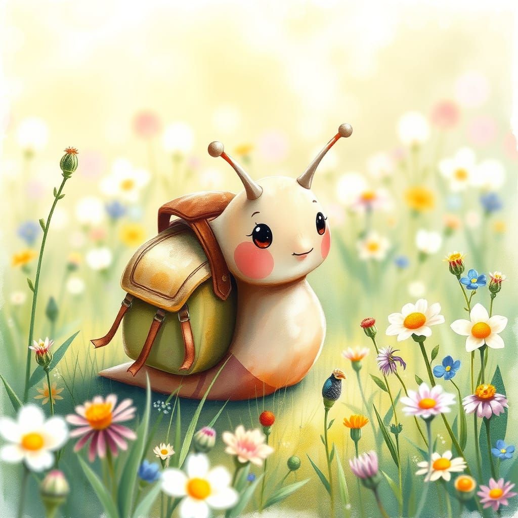 Curious Snail Exploring Meadow as Watercolor Illustration