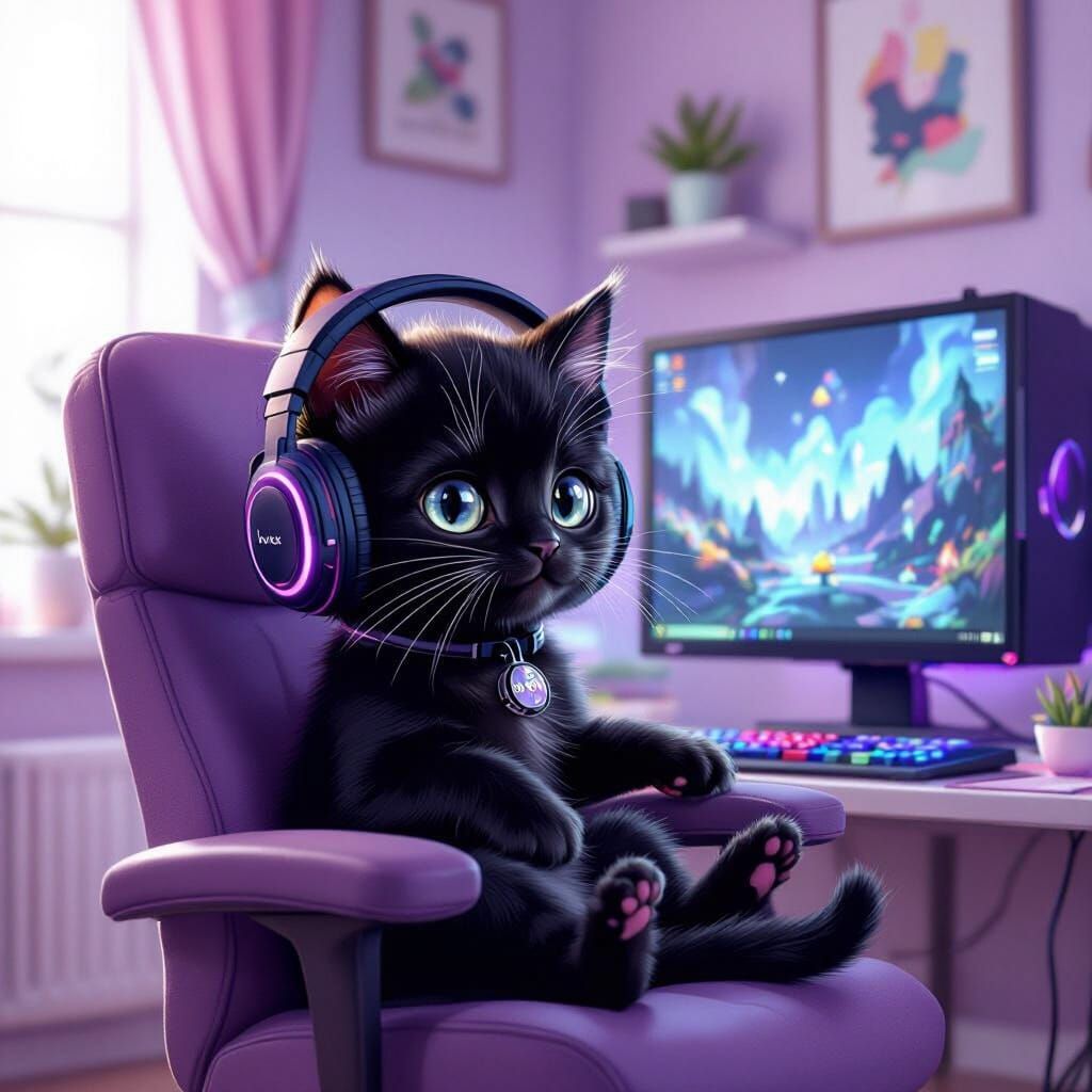 Black Kitten Gamer in Purple Room Aesthetic