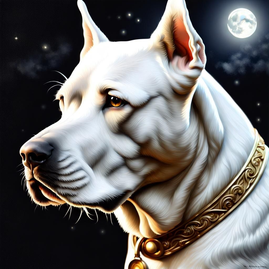 a handsome Dogo Argentino dog, on a moonlit night