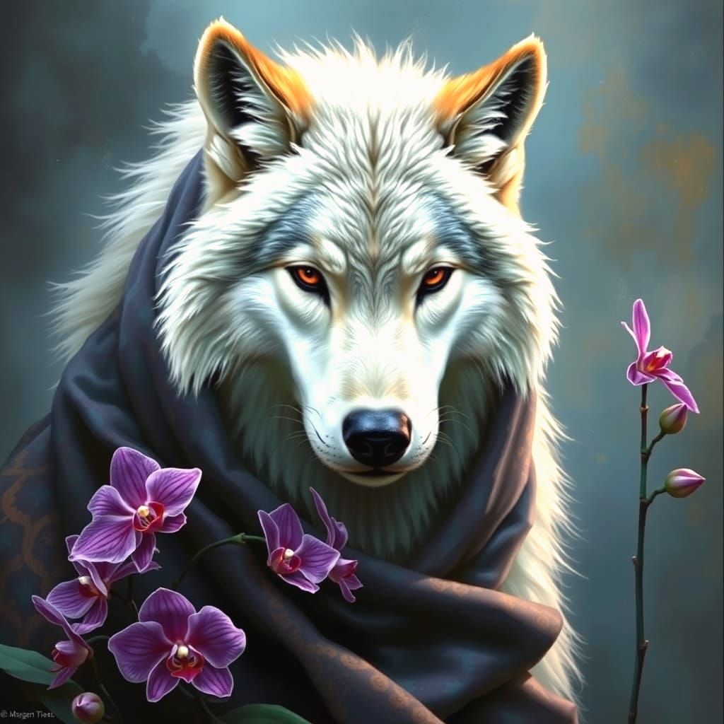 Himalayan Wolf with Purple Orchid in Vibrant Style