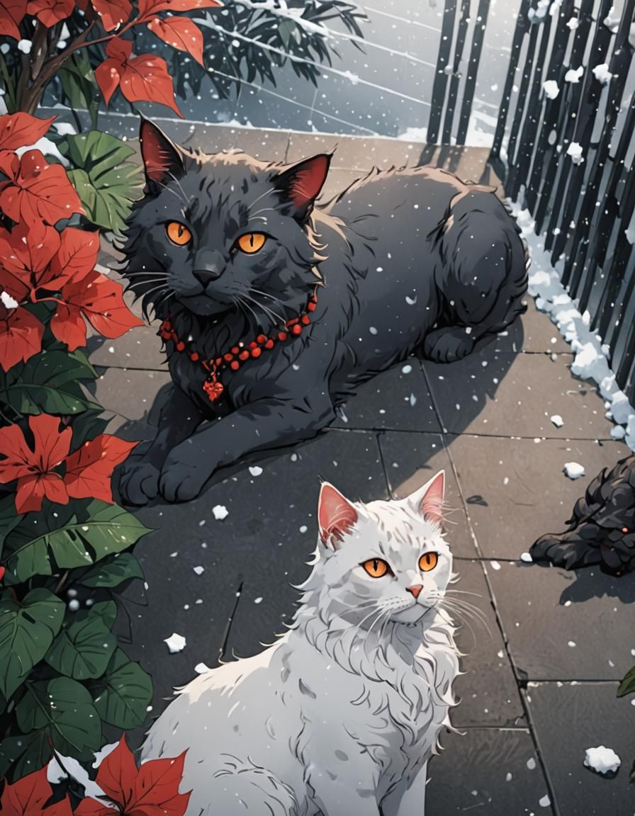 Anime Art: Sad Bride, Nebelung Cat, Snowy Scene