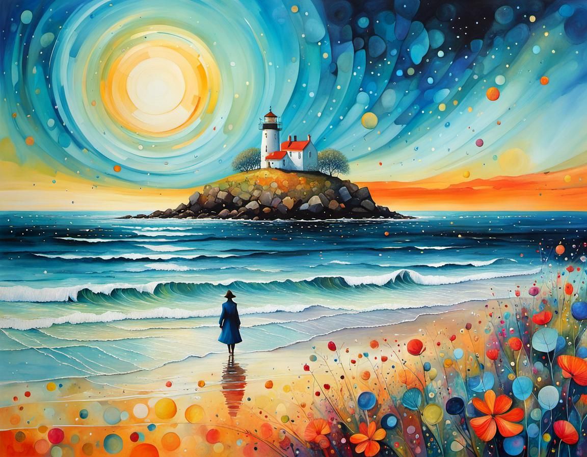 Magical Seashore Walk: Whimsical Cubist Illustration