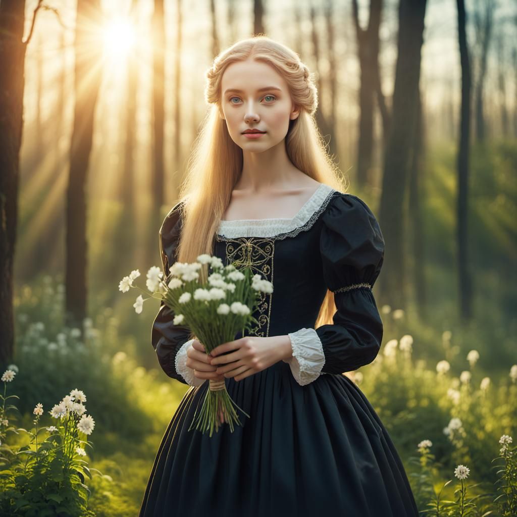 Woman Collecting Plants in Spring Forest Sunrise