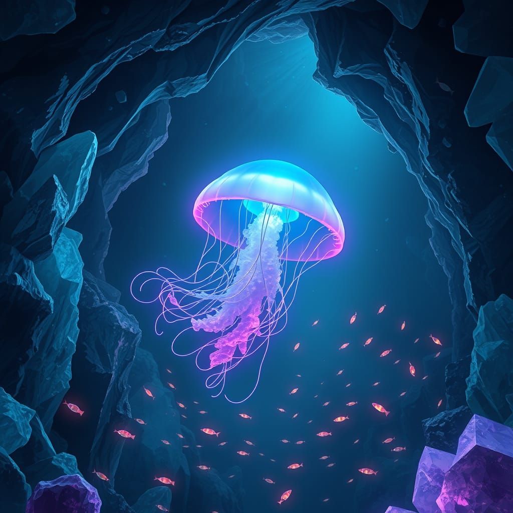 A majestic, bioluminescent jellyfish gracefully floats throu...