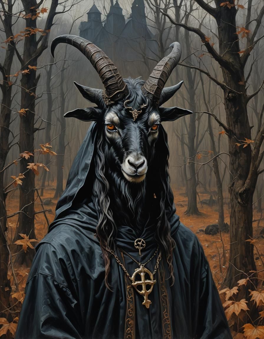 Goat-Headed Baphomet in Gothic Folk Horror Scene