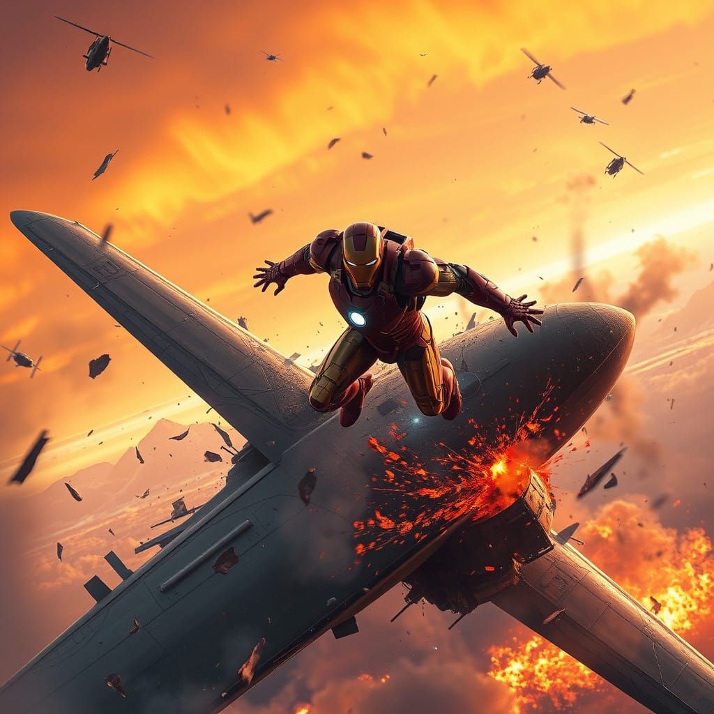 Iron Man Soars Through Smoldering Fighter Plane Wreckage in...
