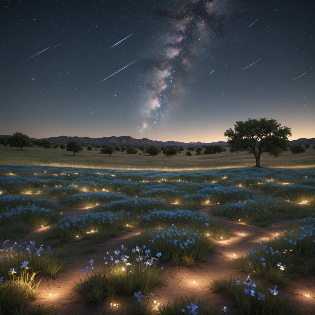 Texas Bluebonnets and Shooting Star at Night