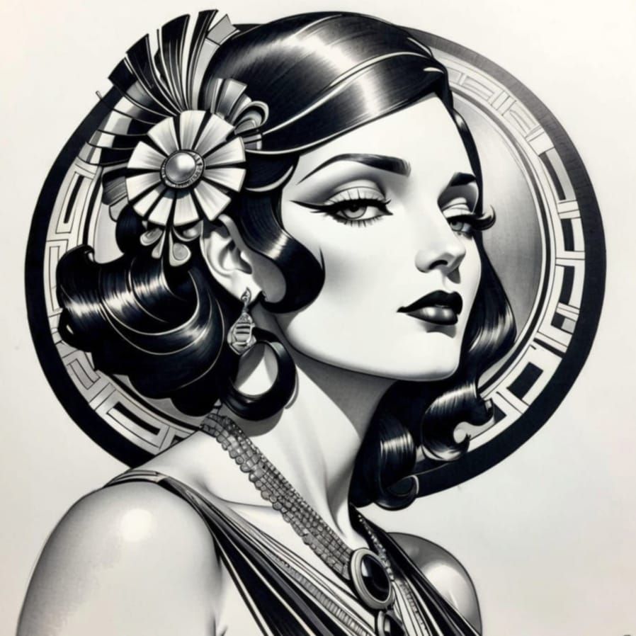 Elegant Art Deco Portrait in Ink Drawing