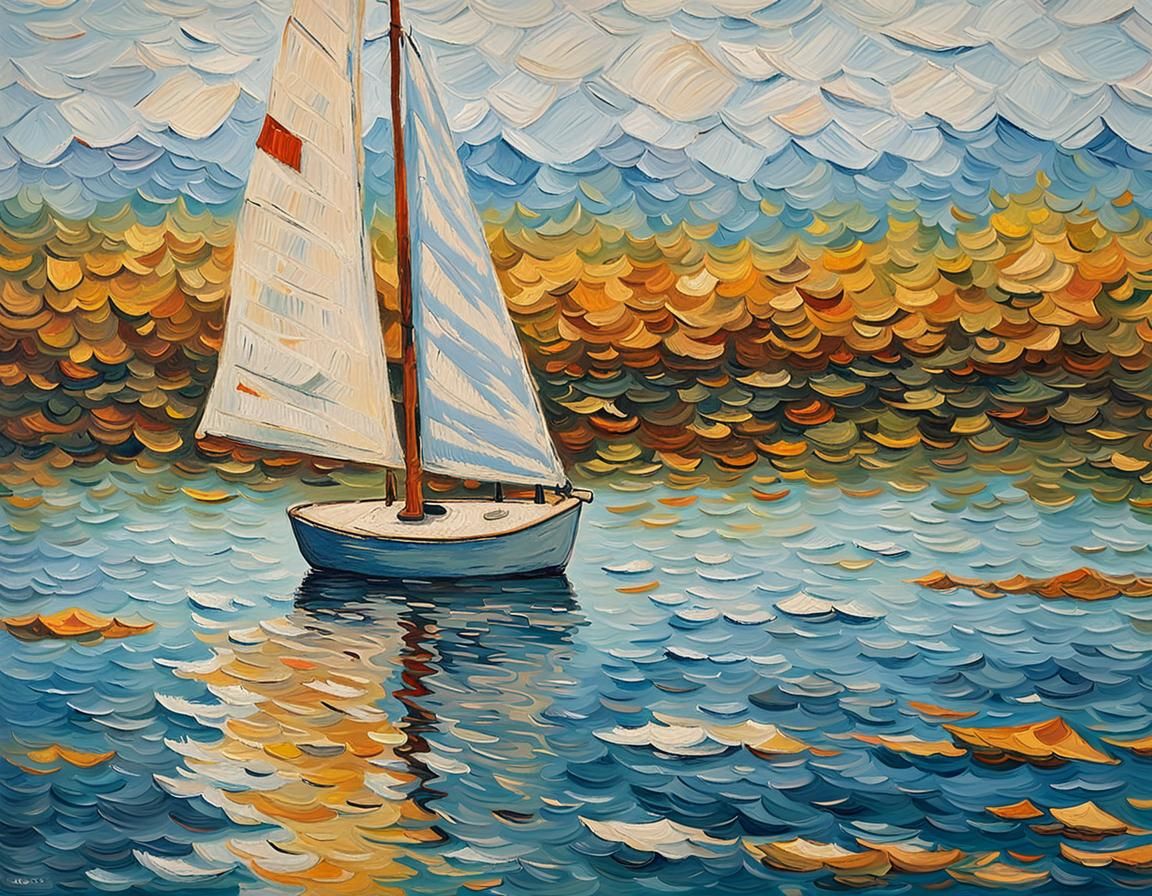 Sailboat on Lake: Impasto Oil Painting
