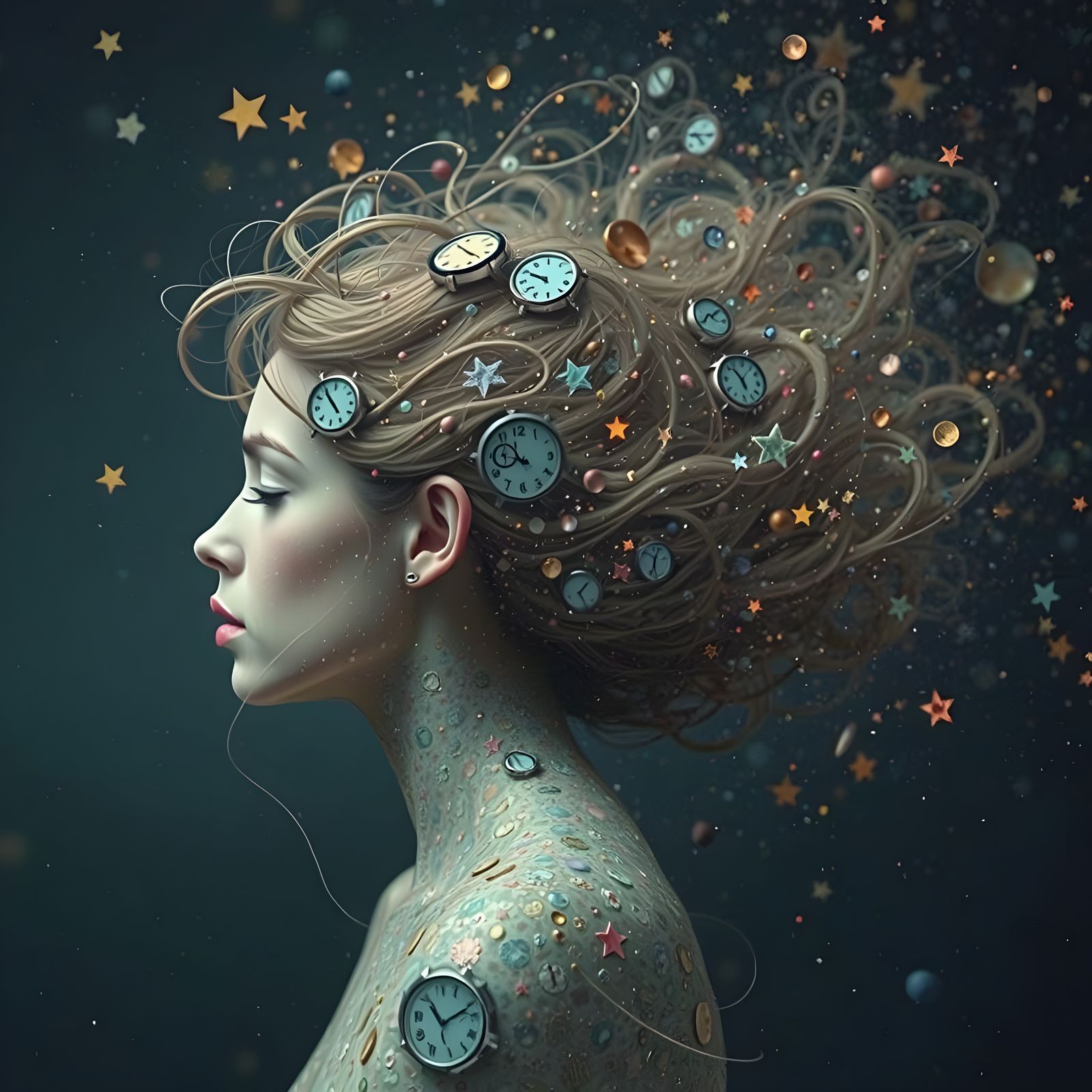 Surreal Galaxy Woman Dissolving into Stars and Clocks