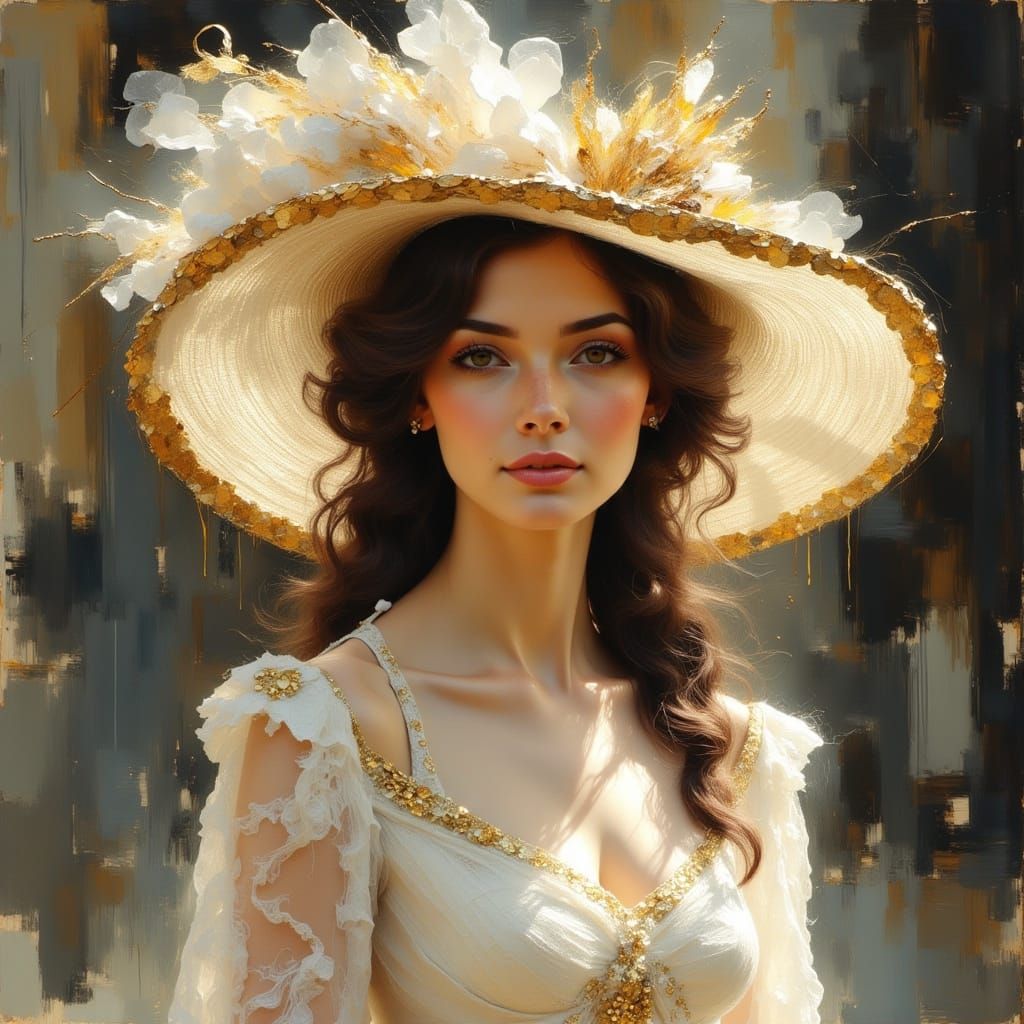 Elegant Lady in Lace Dress and Hat, Vintage Street Scene