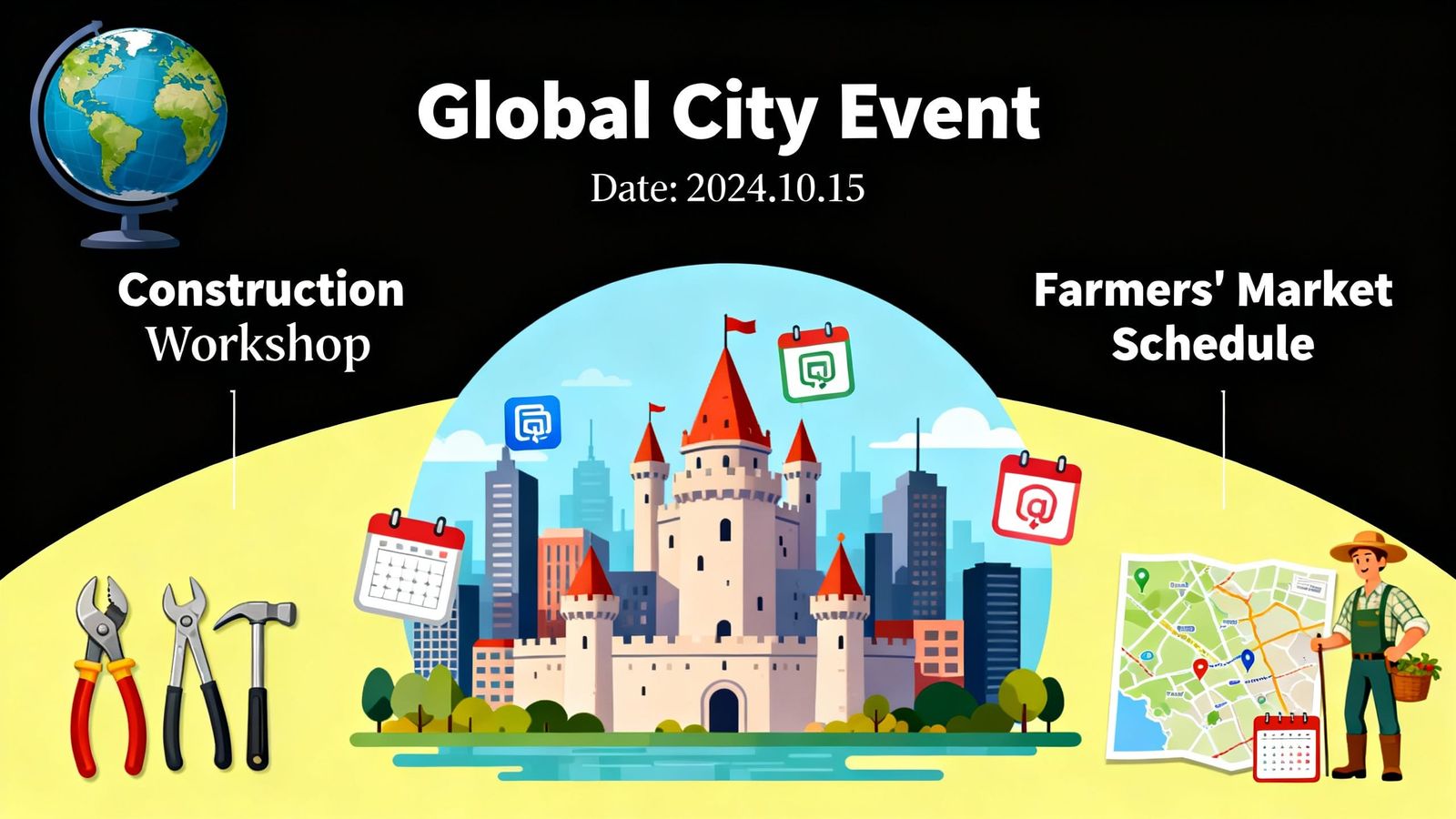 Abstract Cityscape with Celestial and Fruit Elements