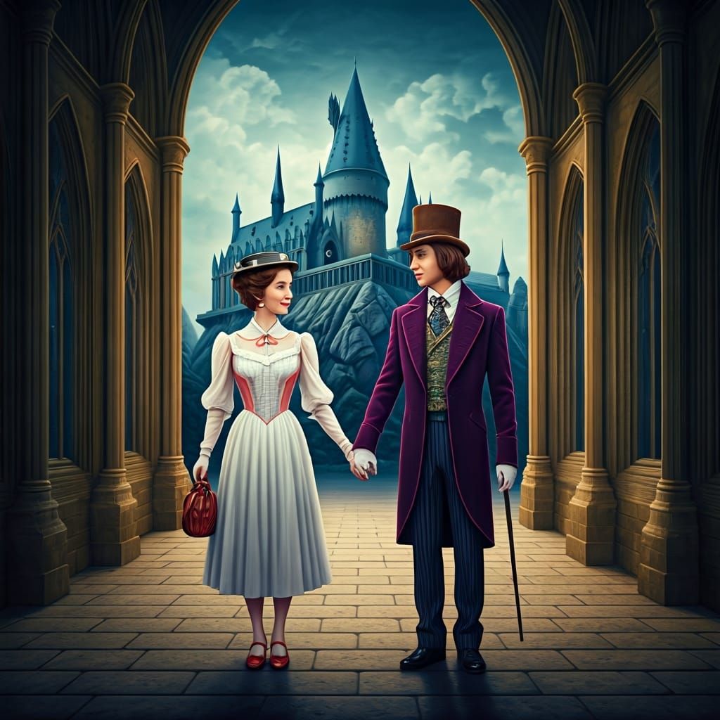 Mary Poppins and Will Wonka hold hands at Hogwarts