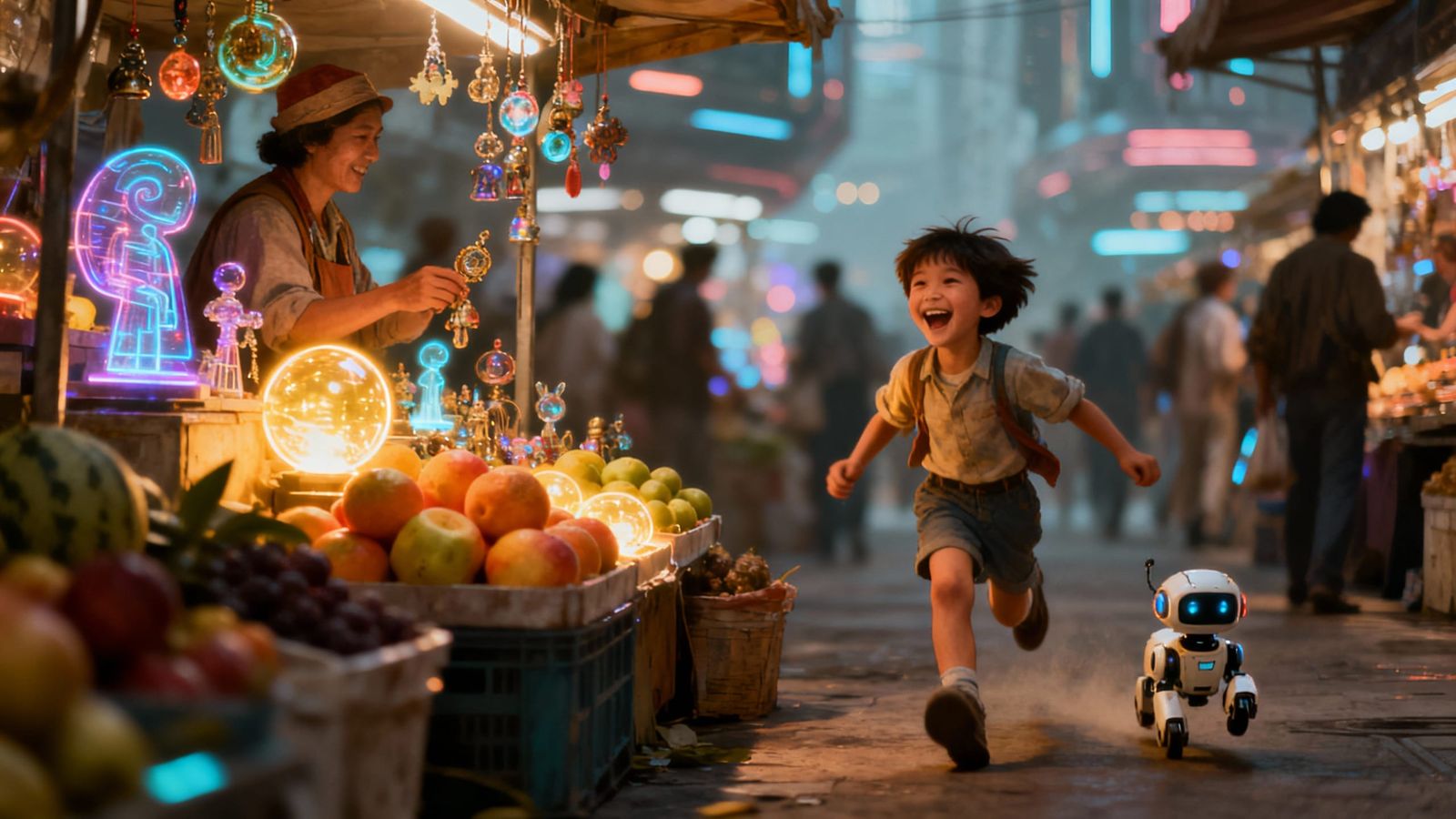 Retro-Futuristic City Market Scene in Faded Photograph Style