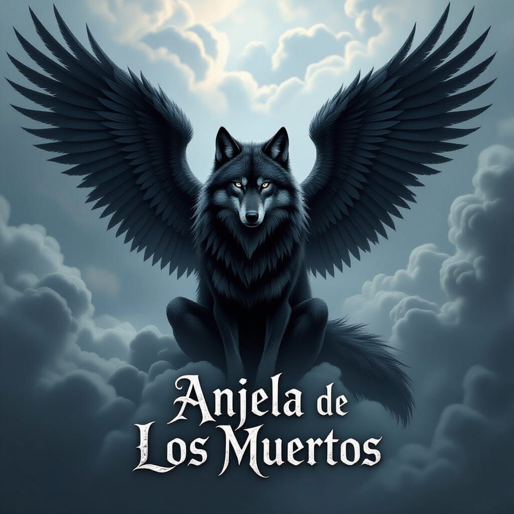 Angel of Death Wolf with Gothic Script in Dark Fantasy Style