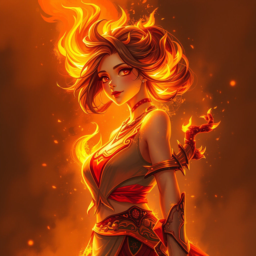 Fiery Female Figure in Vibrant Digital Art Style