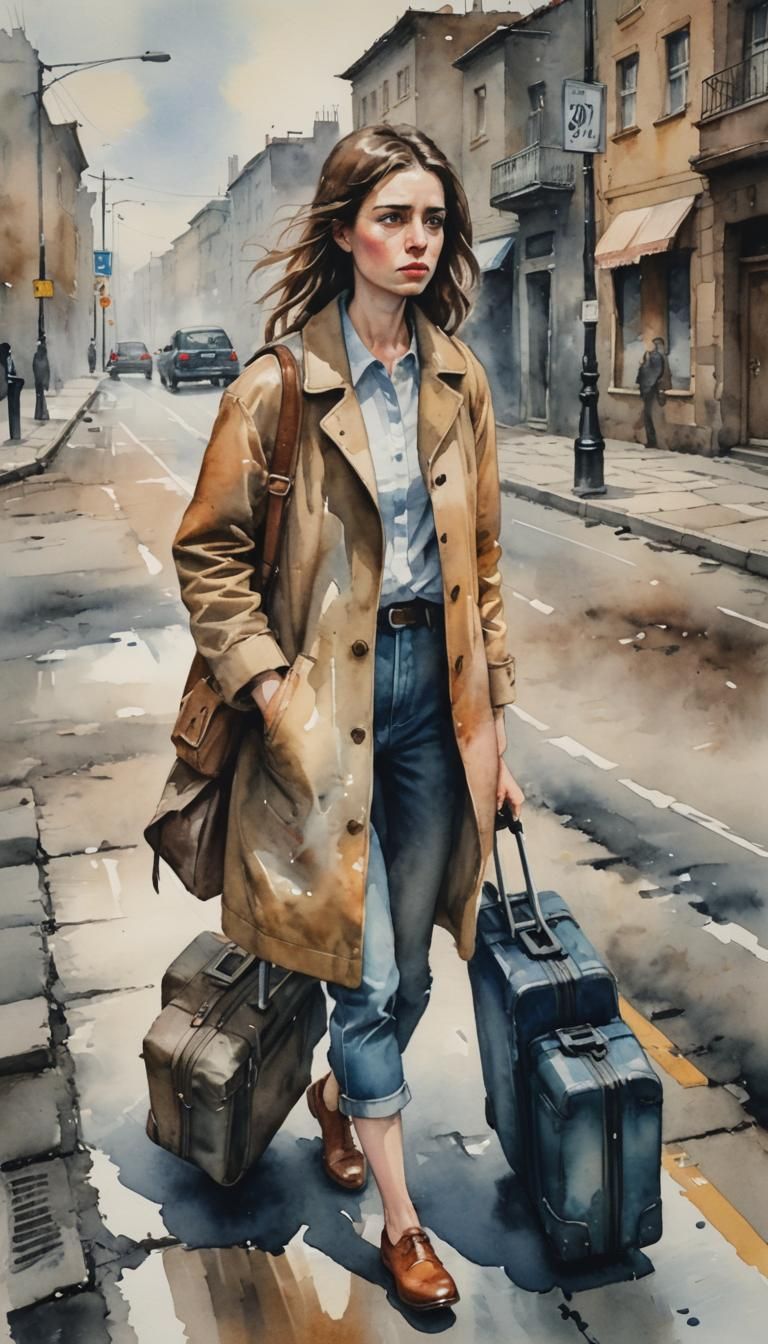 Surreal Watercolor: Disappointed Woman in Fog