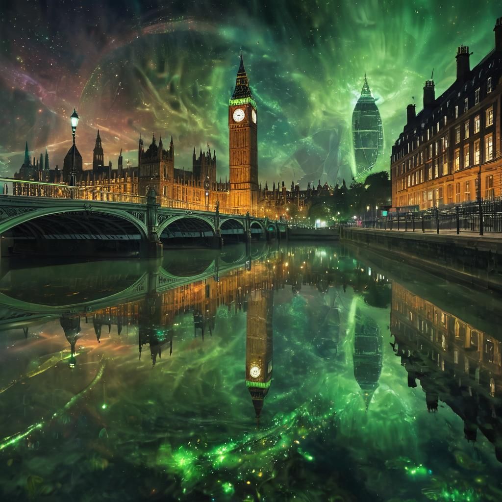 Aurora Veiled London Skyline: A Surreal Landscape