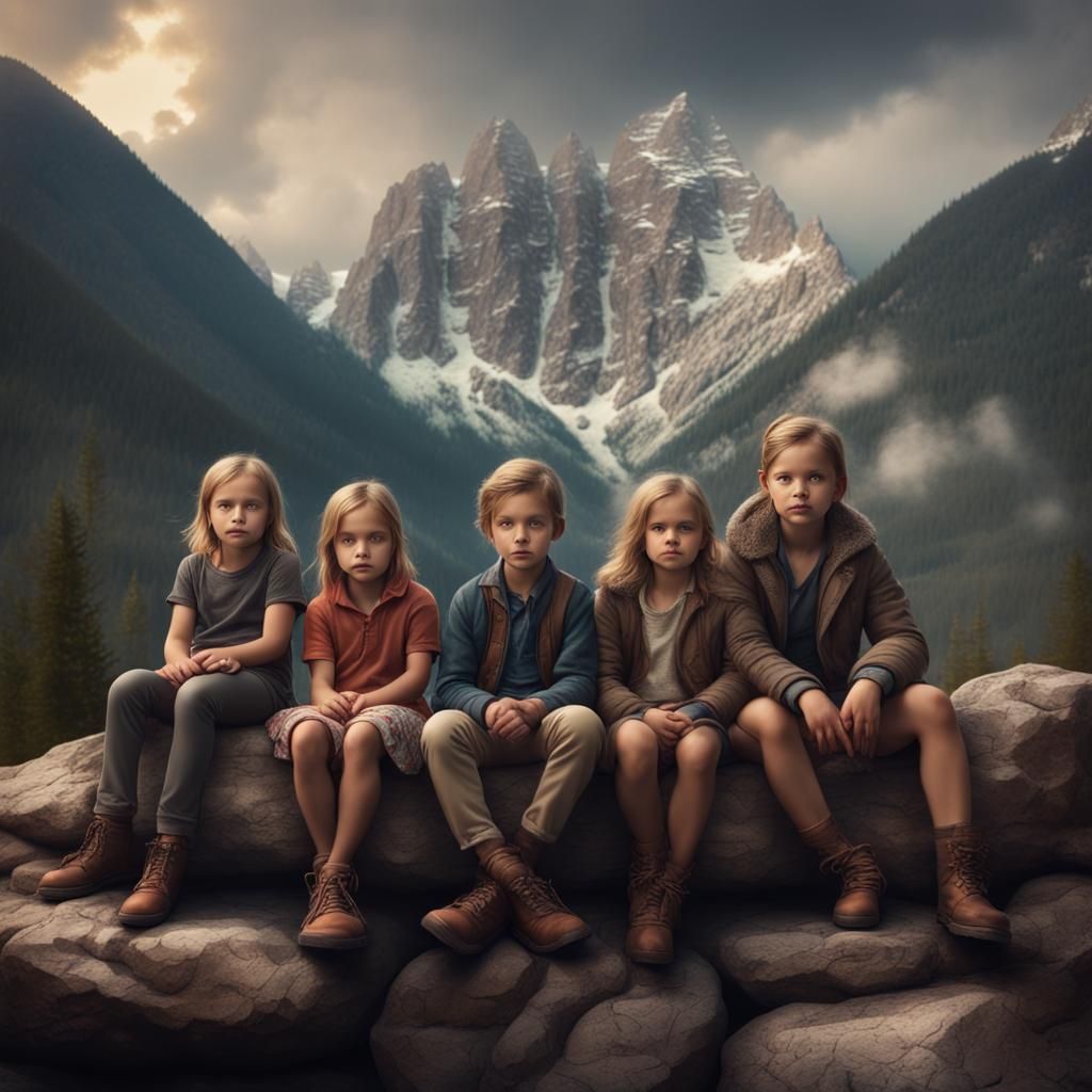 Brothers and Sisters on Rock Wall, Digital Painting