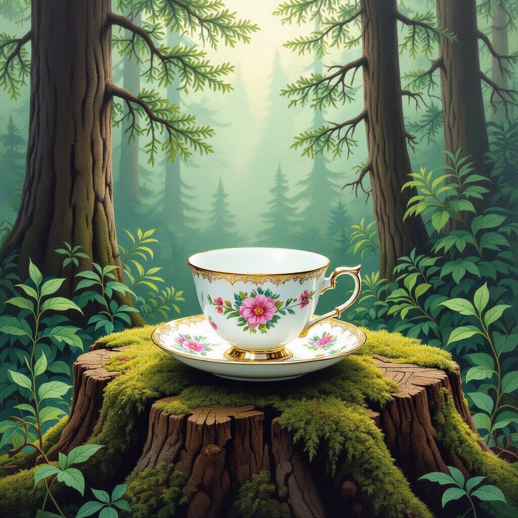 Enchanted Teacup in Forest, Detailed Nature Art