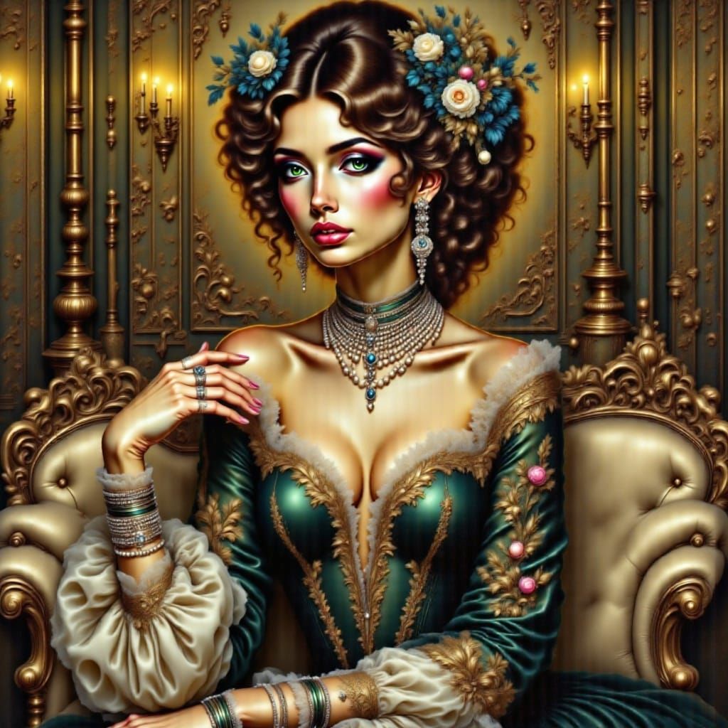 Regal Woman in Opulent Baroque Lace Dress