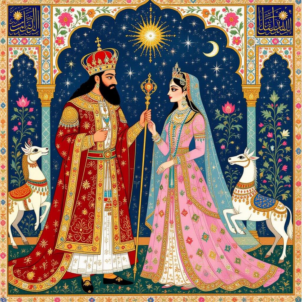 Majestic King and Queen in Persian Miniature Style