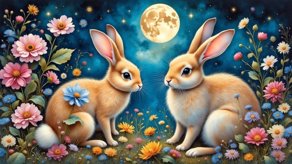 Two Rabbits in Moonlight Garden in Ink and Charcoal